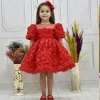 Kız Çocuk Kırmızı Gül Desenli Kısa Balon Kol Kabarık Elbise