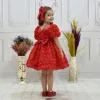 Kız Çocuk Kırmızı Gül Desenli Kısa Balon Kol Kabarık Elbise