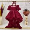 Kız Çocuk Bordo Gül Desenli Kuyruklu Elbise Abiye