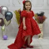 Kız Çocuk Kırmızı Gül Desenli Kuyruklu Elbise Abiye