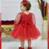 Kız Çocuk Kırmızı incili Uzun Kol Kabarık Elbise