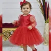 Kız Çocuk Kırmızı incili Uzun Kol Kabarık Elbise