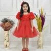 Kız Çocuk Kırmızı Kabarık Gül Desenli Tül Etek şeffaf Kısa Balon Kol Elbise