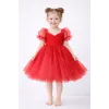 Kız Çocuk Kırmızı Kalp Detaylı Balon Kısa Kol Elbise Abiye