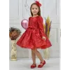 Kız Çocuk Kırmızı Payetli Tüy Detaylı Uzun Kol Bisiklet Yaka Grenli Kabarık Elbise
