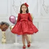Kız Çocuk Kırmızı Payetli Tüy Detaylı Uzun Kol Bisiklet Yaka Grenli Kabarık Elbise