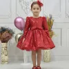 Kız Çocuk Kırmızı Payetli Tüy Detaylı Uzun Kol Bisiklet Yaka Grenli Kabarık Elbise