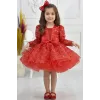 Kız Çocuk Kırmızı Taşlı Boncuklu Kabarık Uzun Kol Parıltılı Elbise
