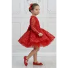 Kız Çocuk Kırmızı Taşlı Boncuklu Kabarık Uzun Kol Parıltılı Elbise