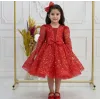 Kız Çocuk Kırmızı Taşlı Boncuklu Kabarık Uzun Kol Parıltılı Elbise