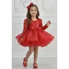 Kız Çocuk Kırmızı Taşlı Boncuklu Kabarık Uzun Kol Parıltılı Elbise