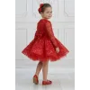 Kız Çocuk Kırmızı Taşlı Boncuklu Kabarık Uzun Kol Parıltılı Elbise