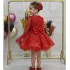Kız Çocuk Kırmızı Taşlı Boncuklu Kabarık Uzun Kol Parıltılı Elbise