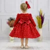Kız Çocuk Kırmızı Uzun Kol Gül Detaylı Kabarık Elbise