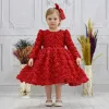 Kız Çocuk Kırmızı Uzun Kol Gül Detaylı Kabarık Elbise