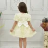 Kız Çocuk Krem Gül 3D Desenli Kısa Balon Kol Kabarık Elbise