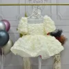 Kız Çocuk Krem Gül 3D Desenli Kısa Balon Üstü şeffaf Kol Kabarık Elbise