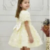 Kız Çocuk Krem Gül 3D Desenli Kısa Balon Kol Kabarık Elbise