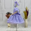 Kız Çocuk Lila Gül Desenli Kısa Balon Kol Kabarık Elbise