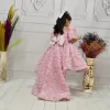 Kız Çocuk Pudra Gül 3D Boyutlu Kuyruklu Kısa Kol Elbise Abiye