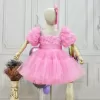 Kız Çocuk Pembe Kabarık Gül Desenli Tül Etek şeffaf Kısa Balon Kol Elbise