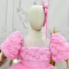 Kız Çocuk Pembe Kabarık Gül Desenli Tül Etek şeffaf Kısa Balon Kol Elbise