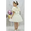 Kız Çocuk Krem Kabarık Gül Desenli Tül Etek şeffaf Kısa Balon Kol Elbise