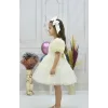 Kız Çocuk Krem Kabarık Gül Desenli Tül Etek şeffaf Kısa Balon Kol Elbise