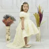 Kız Çocuk Krem Kuyruklu Gül Desenli Arkası V Kısa Balon Kol Elbise Abiye Elbise Gelinlik