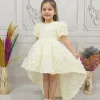 Kız Çocuk Krem Kuyruklu Gül Desenli Arkası V Kısa Balon Kol Elbise Abiye Elbise Gelinlik