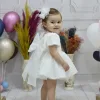 Kız Çocuk Krem Taşlı Boncuklu Kabarık Kısa Balon Kol Parıltılı Elbise