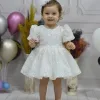 Kız Çocuk Krem Taşlı Boncuklu Kabarık Kısa Balon Kol Parıltılı Elbise