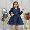 Kız Çocuk Lacivert Boncuklu Payetli Kabarık Elbise