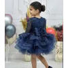 Kız Çocuk Lacivert Boncuklu Payetli Kabarık Elbise