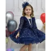 Kız Çocuk Lacivert Boncuklu Payetli Yakası Taş İşlemeli Dekolteli Kabarık Elbise
