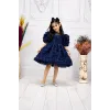 Kız Çocuk Lacivert Gül 3D Detaylı Kabarık Elbise Abiye Gelinlik