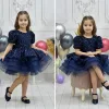Kız Çocuk Lacivert Kısa Balon Kol Taşlı Boncuklu Elbise
