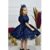 Kız Çocuk Lacivert Parıltılı Dalgalı Kloş Balon Kol Kabarık Elbise