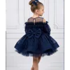 Kız Çocuk Lacivert Parıltılı Üstü Tül Detaylı Kabarık Elbise
