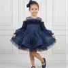 Kız Çocuk Lacivert Parıltılı Üstü Tül Detaylı Kabarık Elbise