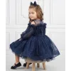 Kız Çocuk Lacivert Parıltılı Üstü Tül Detaylı Kabarık Elbise