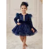 Kız Çocuk Lacivert Payetli Ön Dekolteli Kol Tüy Detaylı Uzun Kol Kabarık Elbise