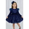 Kız Çocuk Lacivert Payetli Tüy Detaylı Uzun Kol Bisiklet Yaka Grenli Kabarık Elbise