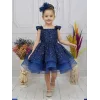 Kız Çocuk Lacivert Taşlı Boncuklu Çift Fiyonk Elbise