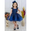 Kız Çocuk Lacivert Taşlı Boncuklu Çift Fiyonk Elbise