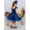 Kız Çocuk Lacivert Taşlı Boncuklu Çift Fiyonk Elbise