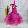 Kız Çocuk Fuşya Taşlı Boncuklu Çift Fiyonk Elbise
