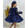 Kız Çocuk Lacivert Taşlı Boncuklu Kabarık Uzun Kol Parıltılı Elbise