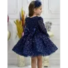 Kız Çocuk Lacivert Taşlı Boncuklu Kabarık Uzun Kol Parıltılı Elbise