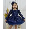Kız Çocuk Lacivert Taşlı Boncuklu Kabarık Uzun Kol Parıltılı Elbise